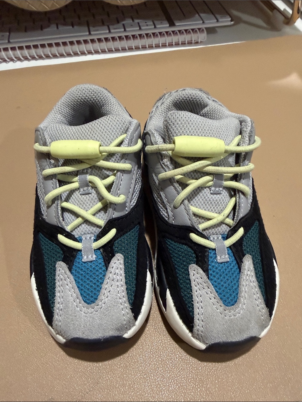 Yeezy Kids Grey, Teal & Blue Sneakers with Lime Laces